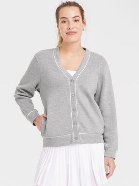 All In Motion Heather Gray Women's Piped Button-Up Cardigan - Gray - M